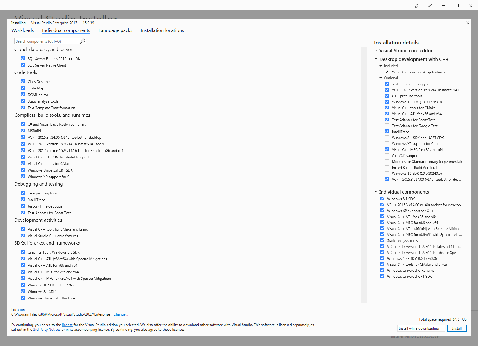 Screenshot of VS 2017 Installer